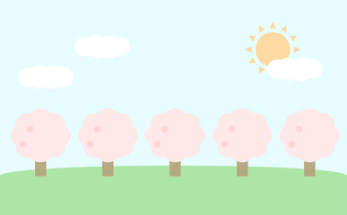 晴れた空と桜並木の背景イラスト素材