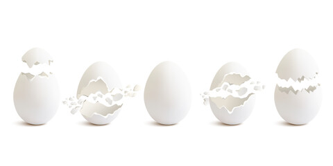 Set of different white eggs, broken cracked eggs, isolated on white.	 - obrazy, fototapety, plakaty