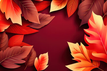 Autumn leaves on red background design with copy space vector illustration. Generative Ai