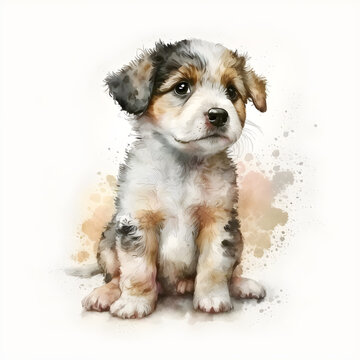 Cute watercolor dog. Funny animal design for fabric, t-shirt, greeting card, sticker. Illustration by Generative Ai

