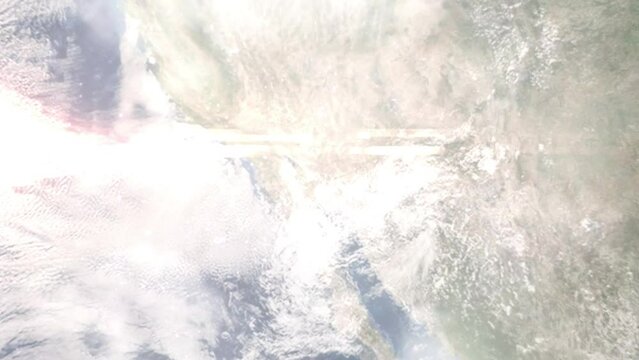 Earth zoom in from outer space to city. Zooming on Yuma, Arizona, USA. The animation continues by zoom out through clouds and atmosphere into space. Images from NASA
