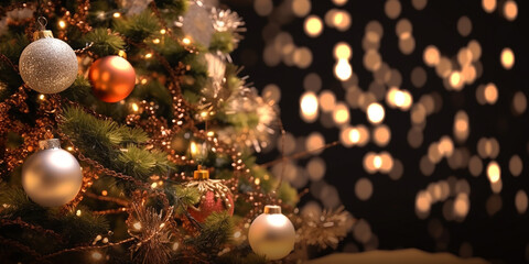Obraz na płótnie Canvas Christmas bauble decor hanging on the Christmas tree with sparkling light spot. Generative AI.