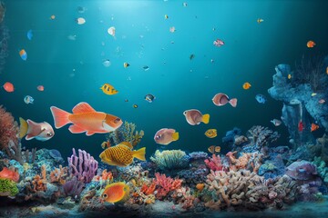Fototapeta na wymiar Underwater Environtment Background, Fish, Coral And Reef. Generative AI