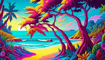 Fototapeta na wymiar Ocean Tropical resort landscape. Sea shore beach, sun, exotic silhouettes palms, coastline, clouds, sky, summer vacation. Generative AI