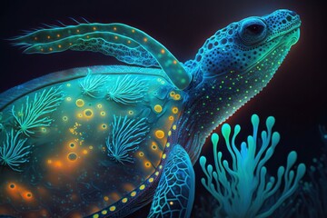 Luminous turtle is underwater. Beautiful illustration picture. Generative AI
