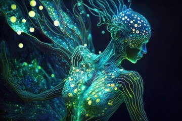 Naklejka na ściany i meble Female gender. Luminous alien underwater. Beautiful illustration picture. Generative AI