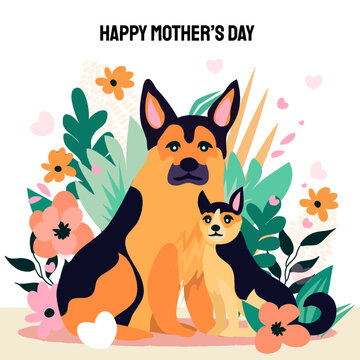 Happy Mother's day design with German shepherd dog and little baby puppy around her. For shepherd lovers every where. Spring Summer Flower background. International Pet day.