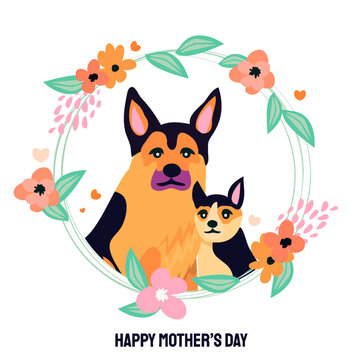 Happy Mother's day design with German shepherd dog and little baby puppy around her. For shepeard lovers every where. Spring Summer Flower wreath. International Pet day.