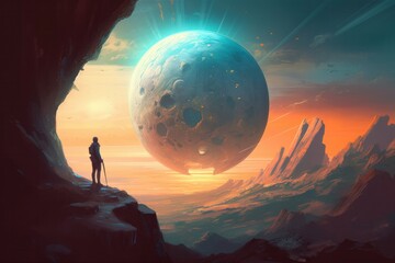 the Unknown: A Majestic Painting of a Man on a Mountain Gazing at a New Planet in the Distance, Generative AI.