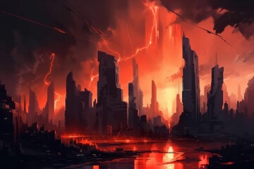 Red Thunder Cityscape: A Fiery Digital Painting Depicting the Burning City in Stunning Detail, Generative AI.
