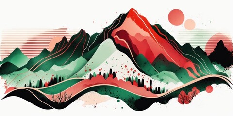 Red and green colors. Mountain vector background. Beautiful illustration picture. Generative AI