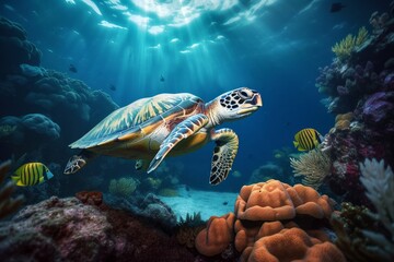 the Vibrant Underwater World: A Journey Through Corals and Turtles on the Water Floor, Generative AI.