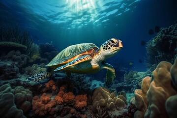 Naklejka na ściany i meble the Vibrant Underwater World: A Journey Through Corals and Turtles on the Water Floor, Generative AI.