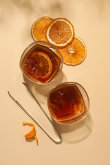 Concept of tasty alcohol drink, whiskey beverage