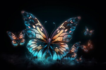 Plakat Mesmerizing Night Glowing Butterflies Illuminate Dark Abstract Canvas in a Dazzling Display, Generative AI.