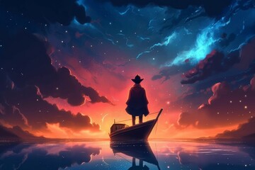 Naklejka na ściany i meble Lost in the Cosmos: Surreal Digital Art of a Man on a Boat Amidst Stars and Clouds in Night and Sunset Time, Generative AI.