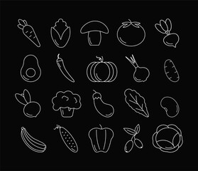 Vector set.Vegetables.Linear.Keto.Food.Post.Print for textile,web design,social media. Illustration,Icons, Summer.Keto Diet,Keto,Vegetables,Picnic.Breakfast.White.  on a black background.Line.Eco