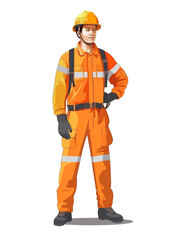 Cartoon style illustration of a male construction worker standing on a white background. He wears clothing and safety equipment appropriate to the construction work he will be doing.