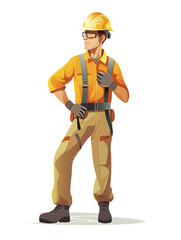 Cartoon style illustration of a male construction worker standing on a white background. He wears clothing and safety equipment appropriate to the construction work he will be doing.