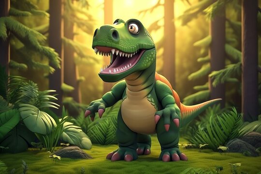 Roar with Laughter: Meet the Tyrannosaurus T. rex Cartoon Character in the Forest, Generative AI.