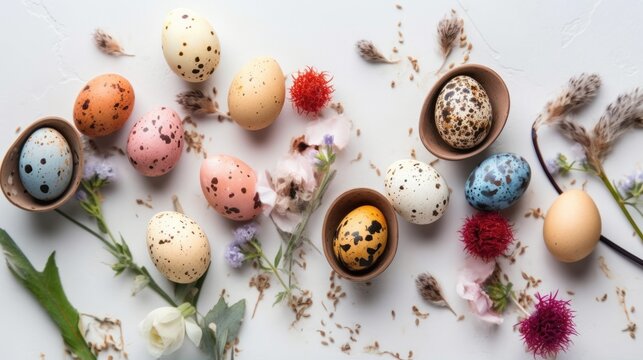 Overhead capture of a traditional Easter composition with spring flowers, symbolizing the religious celebration. AI GENERATED.