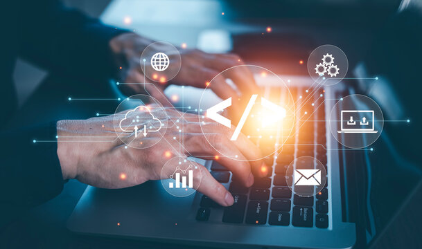 Business people using laptops with Code html and programming on screen laptop, Programmers development Computer code, web design coding technology in software, digital software technology development.