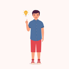One Smiling Little Boy Thinking With One Finger Pointing Up A Yellow Light Bulb. Full Length. Flat Design Style, Character, Cartoon.