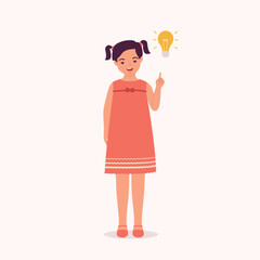 One Smiling Little Girl Thinking With One Finger Pointing Up A Yellow Light Bulb. Full Length. Flat Design Style, Character, Cartoon.