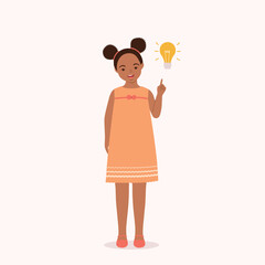 One Smiling Little Black Girl Thinking With One Finger Pointing Up A Yellow Light Bulb. Full Length. Flat Design Style, Character, Cartoon.