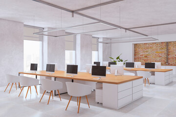 Bright white concrete and brick coworking office interior with furniture and equipment. 3D Rendering.