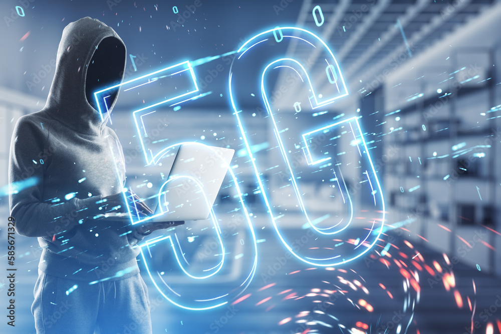 Aufkleber hacker using laptop with glowing 5g hologram on blurry office interior background. internet, 5g netw