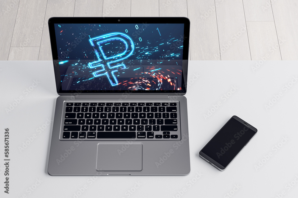 Poster close up of laptop and cellphone on desktop with digital ruble icon on blurry background. trade, fin