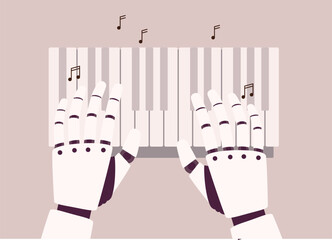 Top View Of Both Robotic’s Hand Playing Piano Keys. Close-Up. Character, Cartoon.