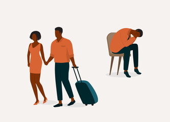 Disloyal Black Wife Leaving Her Husband For Another Man. Devastated Husband Sitting On Chair Feeling Lost And Helpless. Extra-Marital Affair. Full Length. Flat Design Style, Character, Cartoon.