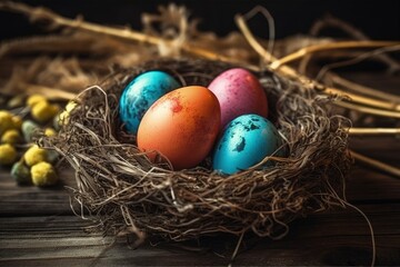Fototapeta na wymiar rustic wooden table with a nest holding three eggs. Generative AI
