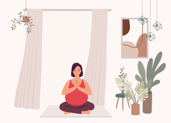 One Smiling Young Pregnant Woman With Prayer Pose Sitting On Mat And Practicing Yoga At Home. Full Length. Flat Design Style, Character, Cartoon.