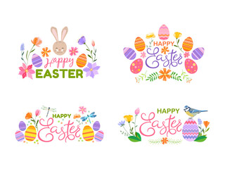 Fototapeta na wymiar Set of Happy Easter vector illustrations. Trendy Easter design with typography, bunnies, flowers, eggs, bunny ears in soft colors.
