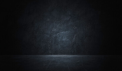 Studio room background,  Black, dark, and gray abstract cement wall, empty dark scene, neon light, spotlights The concrete floor interior texture for display products wall background, smoke floats up
