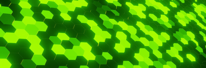 3D abstract black and green hexagon background.