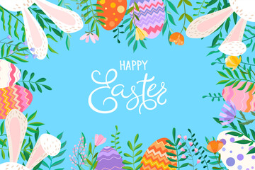Fototapeta na wymiar Happy Easter vector illustration on blue background. Trendy Easter design with typography, flowers, eggs and bunny ears in soft colors for banner, poster, greeting card.