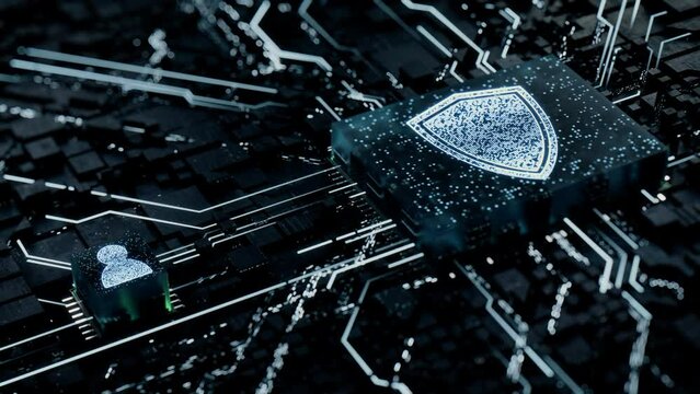 Security Technology Concept with shield symbol on a Microchip. White Neon Data flows between the CPU and the User across a Futuristic Motherboard. Seamless Loop.