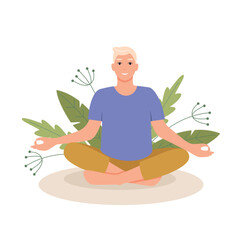 White hair man woman sitting in meditation pose in nature and leaves. Yoga, meditation, relax, retreat, healthy lifestyle concept. Vector illustration in flat cartoon style