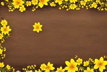 yellow flowers frame, wooden texture, Wooden Wonders: A Delightful Blend of Nature and Craftsmanship