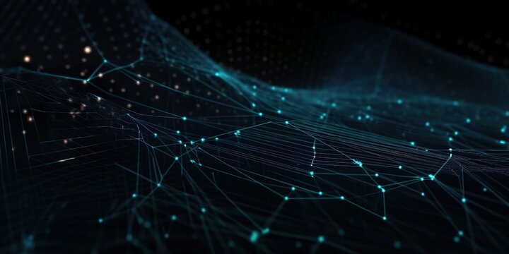 T&uuml;rkise, Neuronale Netze 3D-Illustration. Big Data und Cybersicherheit. Datenstrom. Globale Datenbank und k&uuml;nstliche Intelligenz. Farbenfroher Hintergrund mit Bokeh-Effekt (GenerativeAI)