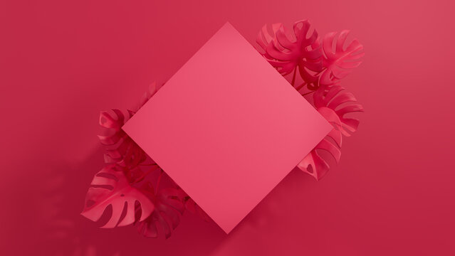 Pink, Modern Design with Diamond Botanical Frame. Monstera Plant Border with copy-space.