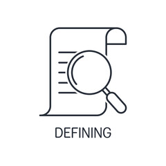 magnifying glass and document. Defining. Vector linear icon isolated on white background.