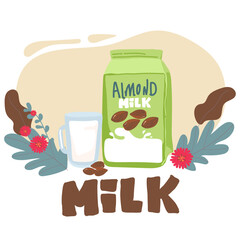 Isolated almond milk in paper package with liquid splash and nuts, natural drink branding on carton container with lid, advertising of vegan liquid for nutrition. Dairy packaging and advertising
