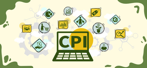 The concept of CPI, food, price, index. Goods price inflation and inflation rising. Impact on economic growth with relate icon. Flat template design, Vector illustration.
