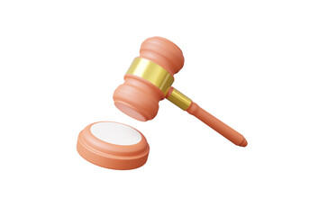 Minimal cartoon brown gavel judgement hammer concept on isolated background. attorney legislation Judge arbitrate courthouse. 3D render. illustration. - obrazy, fototapety, plakaty