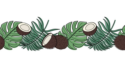 Horizontal seamless summer pattern with tropical leaves and coconuts in doodle style. Coconut pattern with leaves. Vector image. © Mariia Vaider
